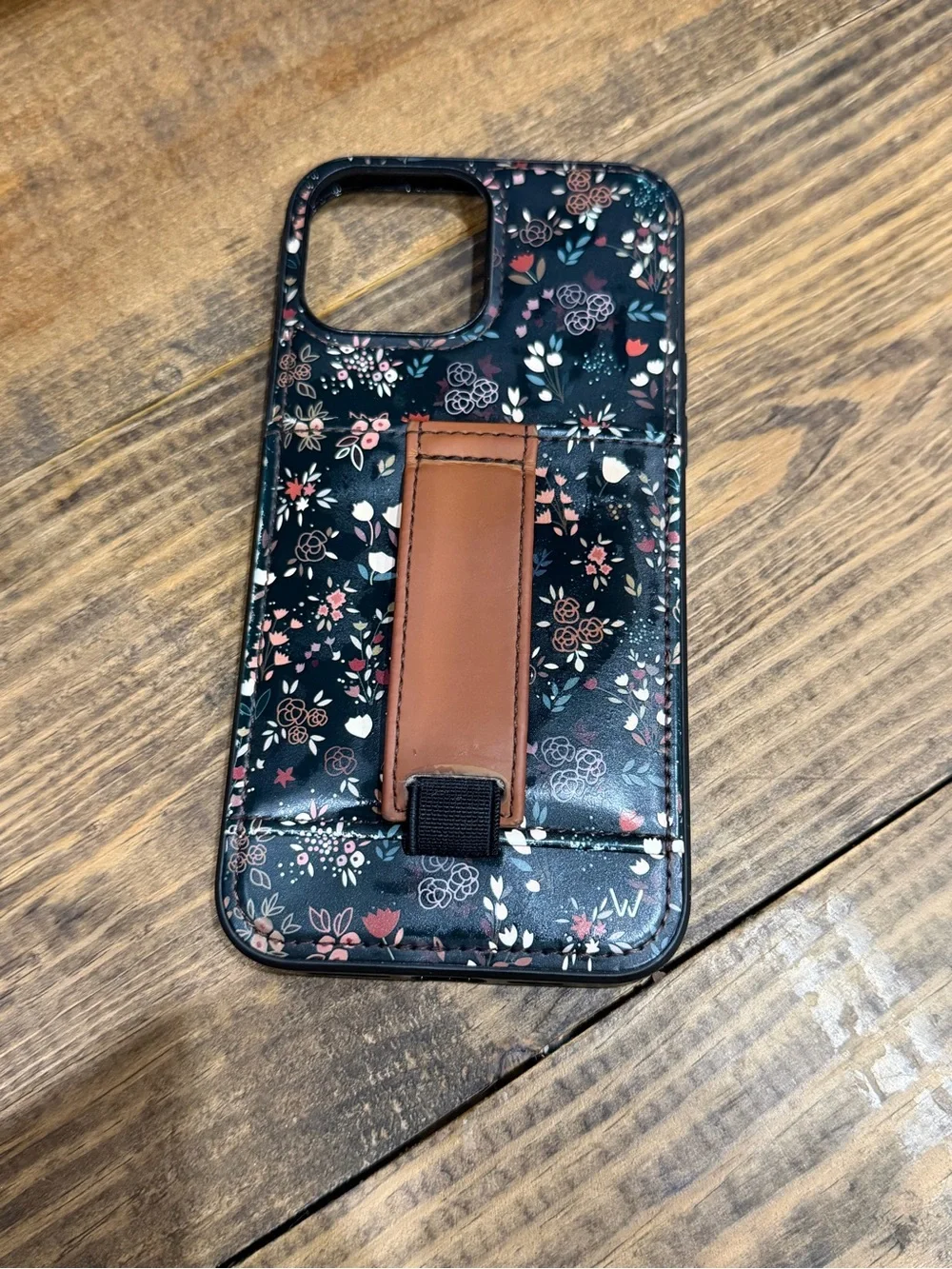 Floral Black Phone Case with Brown Strap